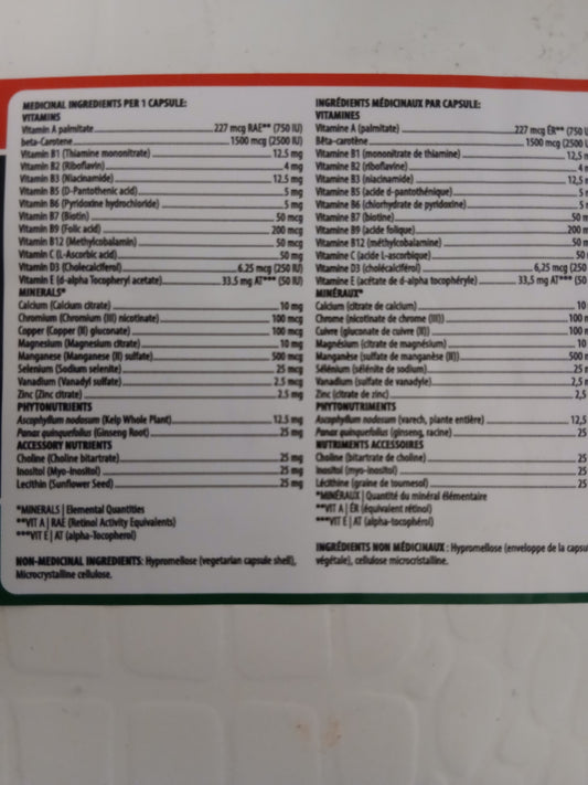 Daily Multivitamins for Men under 50 years old  NPN # 80106371